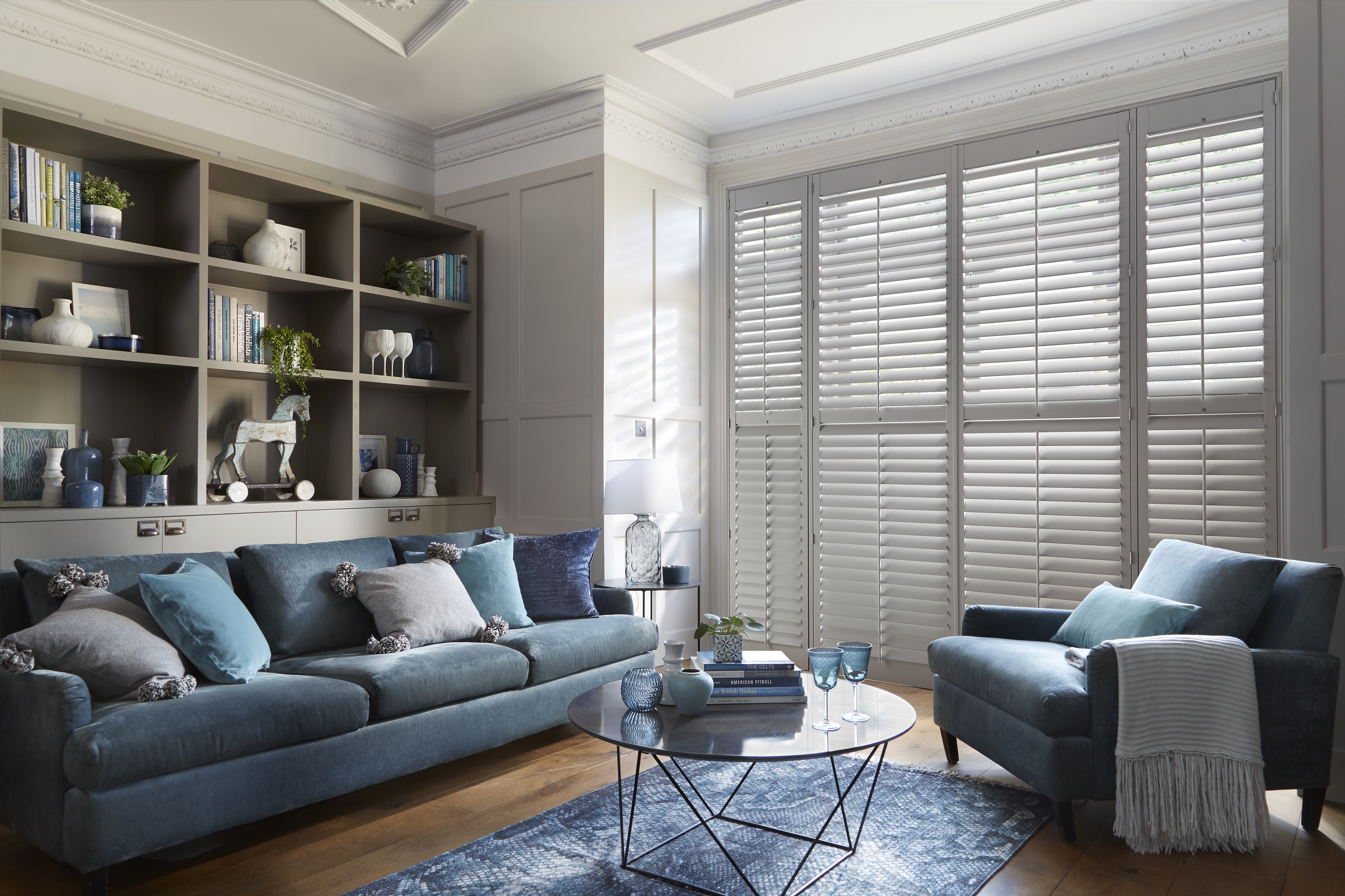 Coloured interior window Shutters in a Living Room