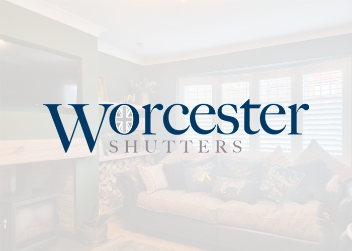 Logo for the Worcester Shutters range, with a semi-transparent shutter in the background.